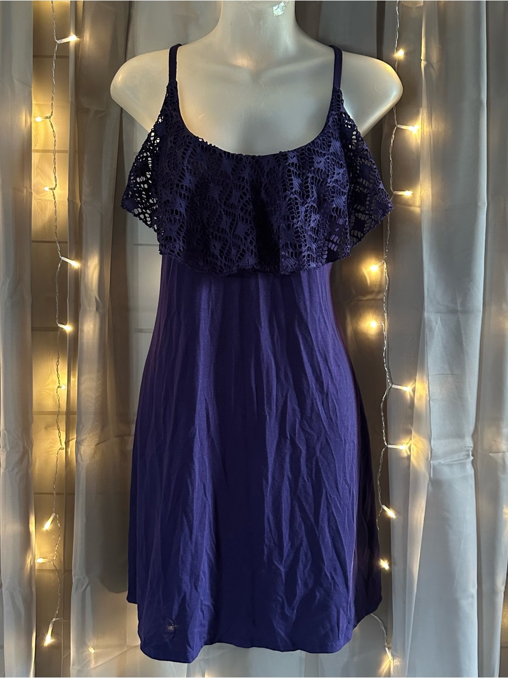 Xhilaration purple spaghetti strap dress with crochet lace overlay neckline Sz L